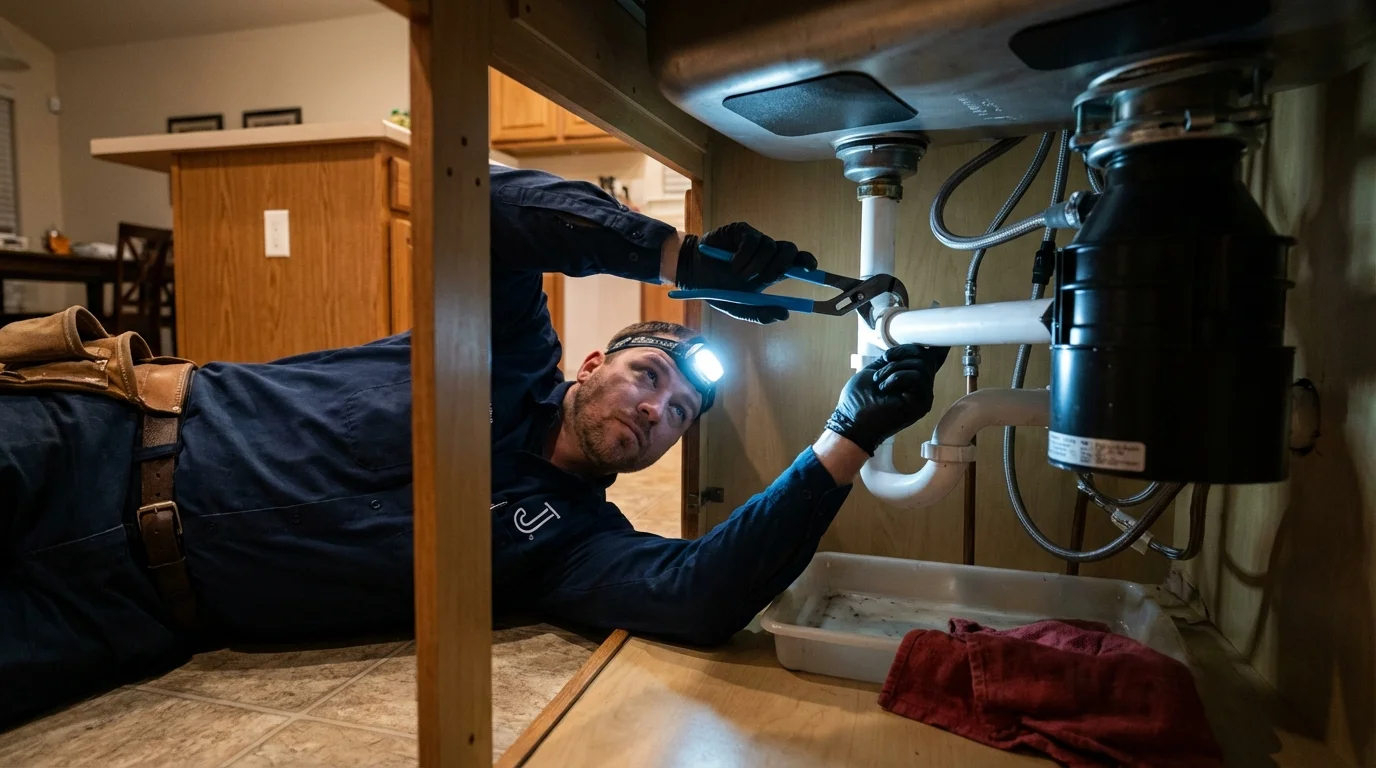 P-trap and supply line connections under a kitchen sink showing a common leak point in Greenville, PA